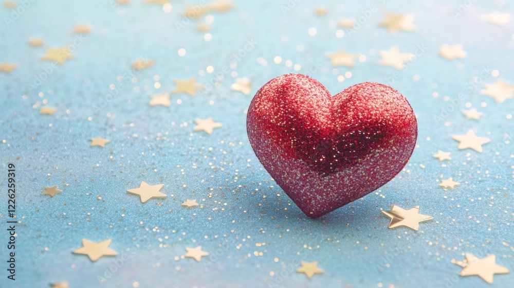 Obraz premium A glittery red heart on a blue background, surrounded by golden stars and sparkles.
