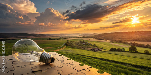  a breathtaking countryside scene at sunset, featuring a glowing light bulb resting on a puzzle-like landscape, symbolizing innovation, discovery, and the connection between ideas and nature in a capt photo