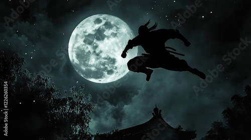 Dramatic silhouette of a ninja leaping against a full moon, with a dark, mysterious night setting adding intensity. photo