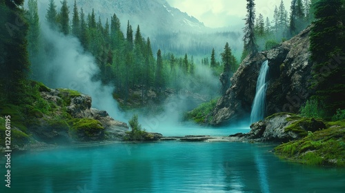 Rising steam from turquoise pools contrasts with vivid green vegetation, showcasing geothermal wonders in a national park setting. photo