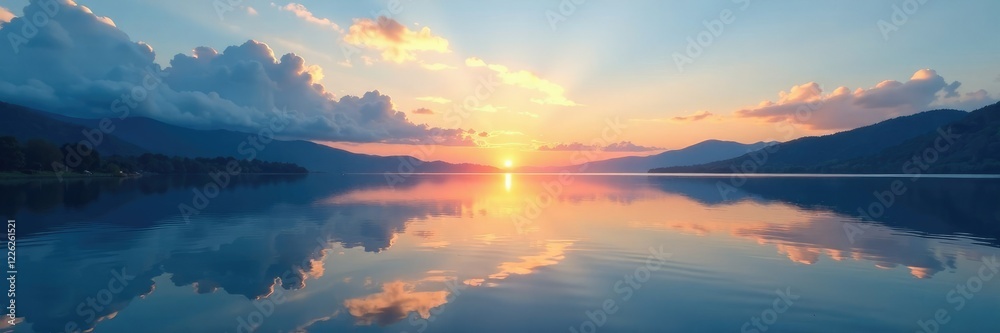 Gentle wispy clouds are reflected in the calm waters of a lake at sunset, blue, soft Gentle wispy clouds are reflected in the calm waters of a lake at sunset, blue, soft