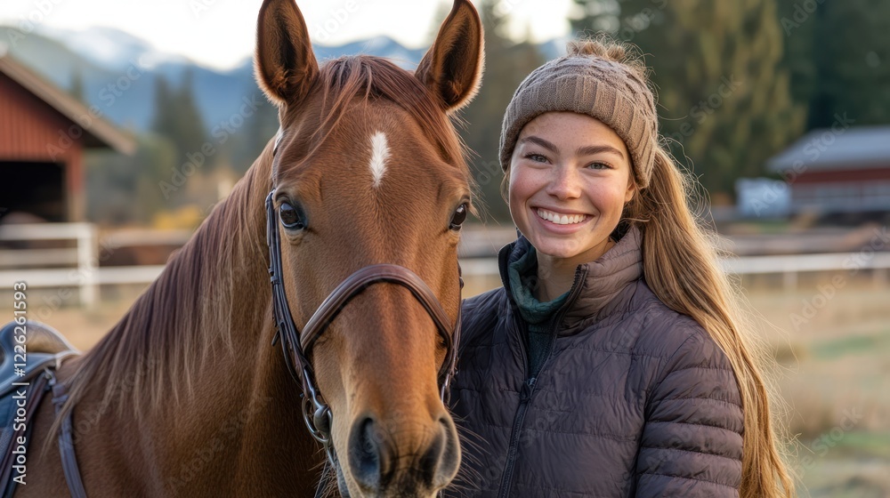Fototapeta premium Smiling girl with chestnut horse on farm.