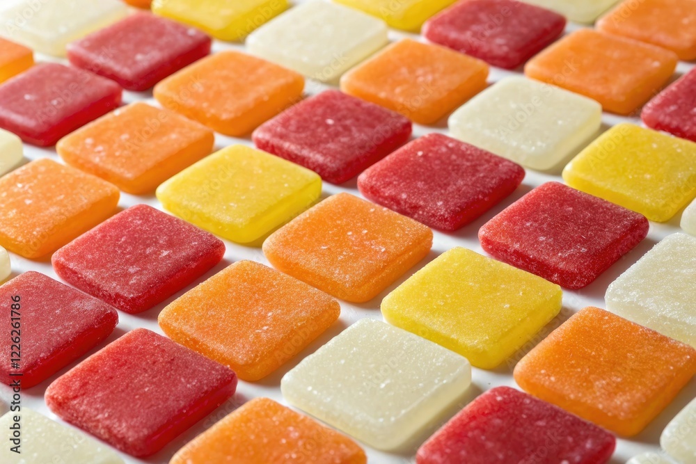 Geometric pattern featuring candy-shaped squares in bright colors such as red orange and yellow arranged in a repeating mosaic design, design, wallpaper