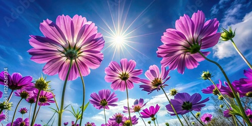 Stunning Candid Photography of Tall Purple Flowers Against a Clear Blue Sky, Capturing Nature's Beauty and Vibrant Colors in a Serene Outdoor Setting photo