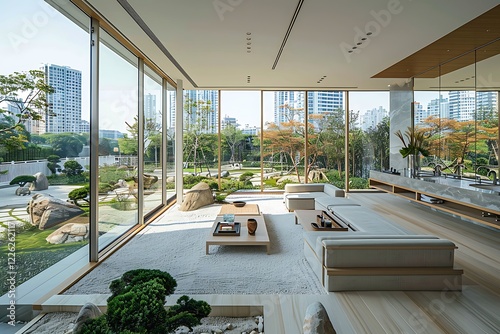 A spacious, lightfilled apartment boasts floortoceiling windows showcasing a serene Japaneseinspired garden. Minimalist beige furniture complements the tranquil atmosphere. Modern architecture blends  photo