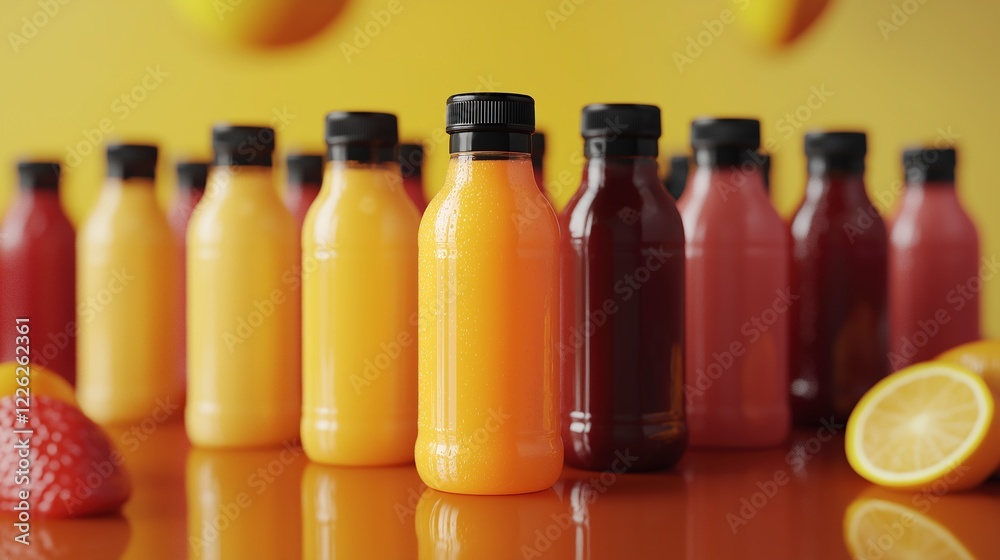 Colorful array of beverage bottles on a bright background showcasing fresh flavors and vibrant hues in a lively setting Colorful array of beverage bottles on a bright background showcasing fresh flavors and vibrant hues in a lively setting