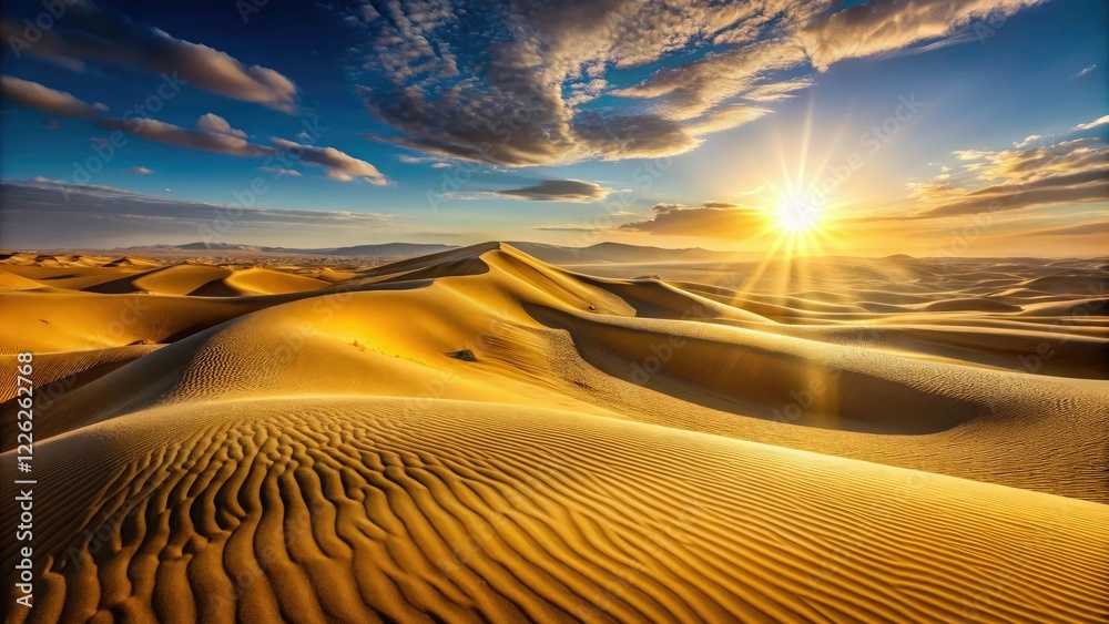 Naklejka premium Glittering golden sand dunes stretching across a vast desert landscape, landscape, dunes, golden, expansive, coastal
