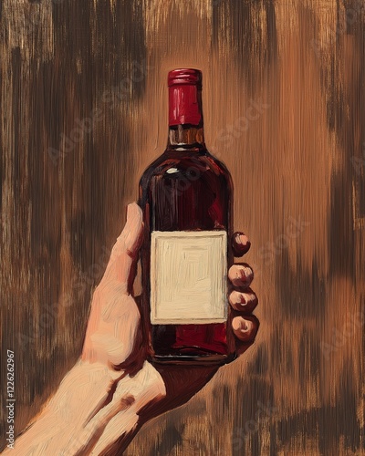 Hand holding a bottle of red wine against a textured brown background