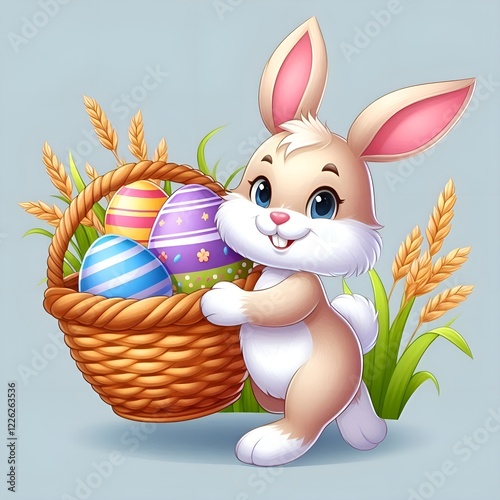 Cartoon easter bunny with basket of easter eggs