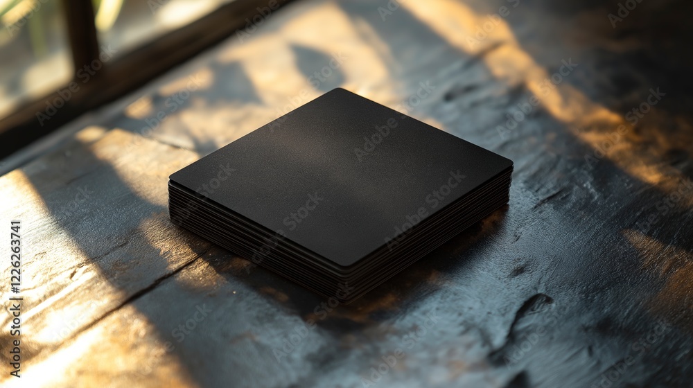 Simple black coasters arranged neatly on a wooden table illuminated by soft natural light Simple black coasters arranged neatly on a wooden table illuminated by soft natural light