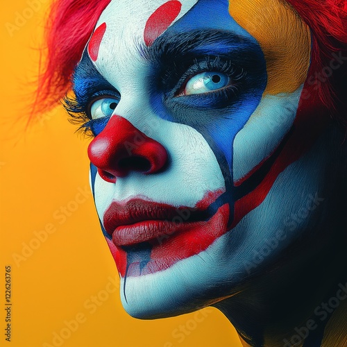 Clown makeup art is displayed on a performer with vibrant colors set against a bright background