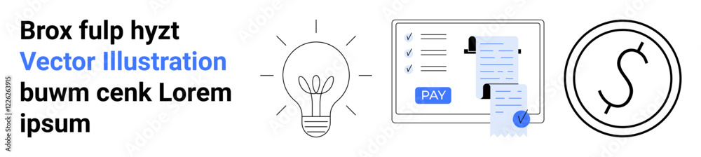 Light bulb for ideas, digital payment receipt with card, circular dollar sign. Ideal for finance, innovation, technology, payments, branding, creativity e-commerce abstract line flat metaphor Light bulb for ideas, digital payment receipt with card, circular dollar sign. Ideal for finance, innovation, technology, payments, branding, creativity e-commerce abstract line flat metaphor