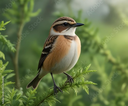 Graceful whinchat sitting on lush green branches, avian, wildlife, perched, green, graceful photo