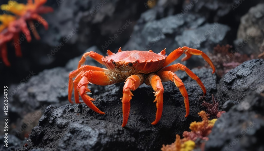 Grapsus grapsus crab on lava rock with bright colors and coral, crab species, coral growth Grapsus grapsus crab on lava rock with bright colors and coral, crab species, coral growth
