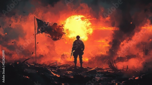 Soldier Alone in War-Torn Battlefield at Sunset with Tattered Flag Symbolizing Survival and Triumph in Expressionist Art
