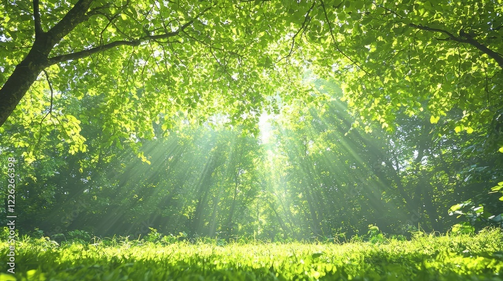 Fototapeta premium Sunbeams in lush green forest, nature tranquility, peaceful background, ideal for relaxation