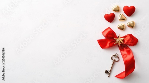 Red ribbon, key, and hearts on white; Valentine's Day gift; romantic background