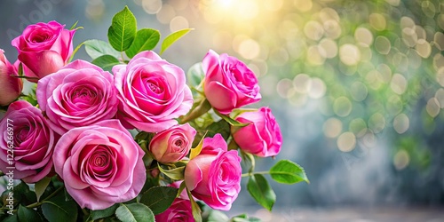 Vibrant Pink Rose Bouquet with Gray Leaves in Soft Focus Background - Perfect for Floral Arrangements, Home Decor, and Romantic Occasions