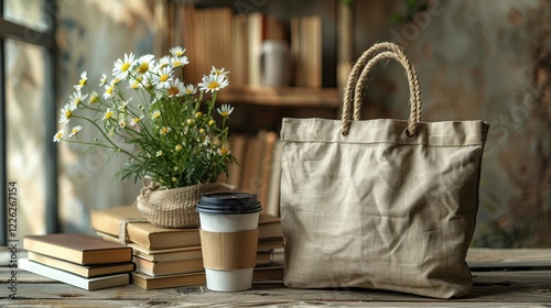 There is a bag and a cup of coffee on a table