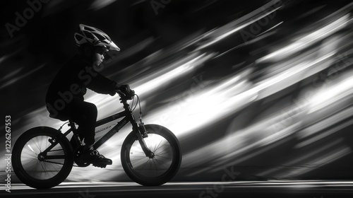 Kid riding a bike on a street, copy space photo