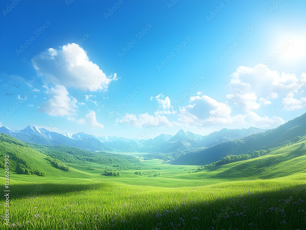 Sunny valley, green hills, blue sky, peaceful landscape, nature background Sunny valley, green hills, blue sky, peaceful landscape, nature background