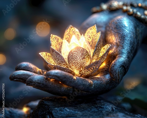 Wallpaper Mural A partial close-up of a Buddha hand holding a glowing Partial close-up of a Buddha hand gently holding a glowing orb Serene Buddha hand illuminated by a radiant light Torontodigital.ca