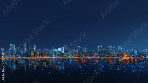 Wallpaper Mural Nighttime cityscape with bright lights reflected in water with connected lines Torontodigital.ca