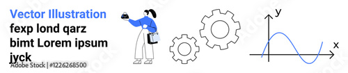 Woman in blue outfit holding a miniature object, two gears representing process, graph illustrating change over time. Ideal for innovation, engineering, data analysis, technology, teamwork, planning