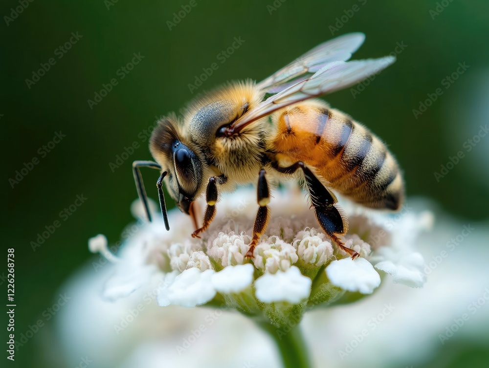 Honeybee on a White Flower: A Close-Up Macro Photograph Honeybee on a White Flower: A Close-Up Macro Photograph