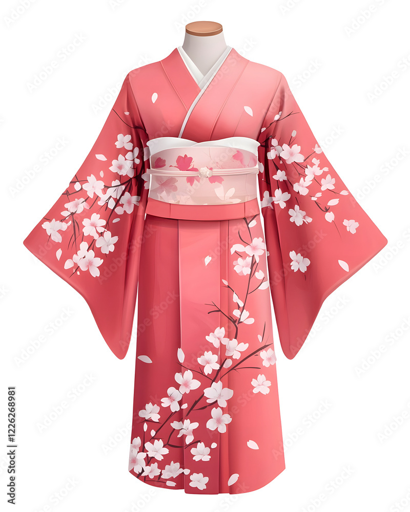 Elegant Pink Floral Kimono with Cherry Blossom Pattern on White Backdrop Elegant Pink Floral Kimono with Cherry Blossom Pattern on White Backdrop