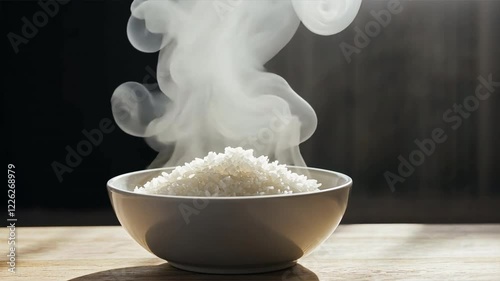 Warm Steaming Bowl of White Rice Comforting Meal in Kitchen, Perfect for Food Lovers and Culinary Presentations with Delicate Steam Rising.