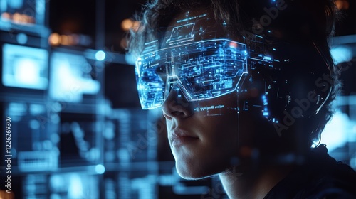 Wallpaper Mural Person wearing futuristic glasses viewing digital data. (1) Torontodigital.ca