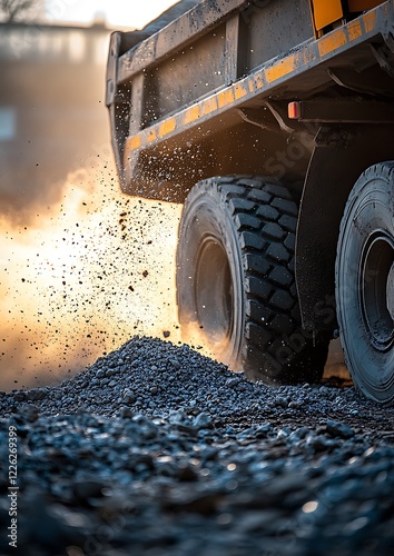 A dynamic shot of a dump truck unloading gravel at a construction site, with sunlight illuminating the dust and debris in the air