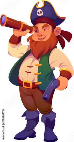 Cartoon sea pirate sailor and corsair captain character peers intently through a spyglass. Isolated vector marine rover personage with pistol, tricorn hat, and mischievous grin under a bushy beard