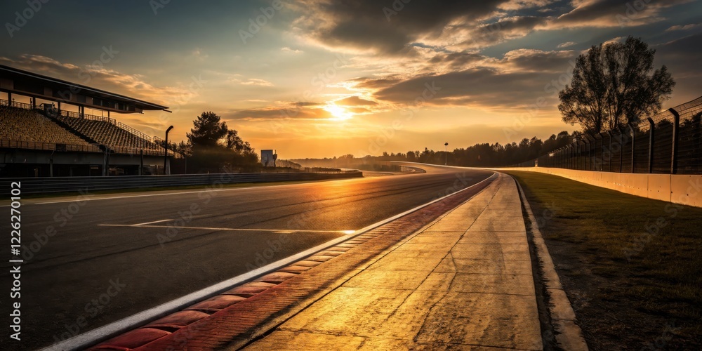 Fototapeta premium Sunset view over racing track with empty grandstands and warm golden light illuminating the asphalt
