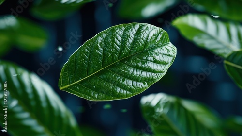 A close-up view of vibrant green leaves against a blurred background.