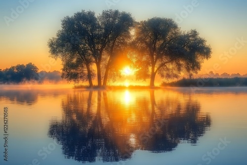 Sunrise Over Water Three Trees Reflecting Golden Light