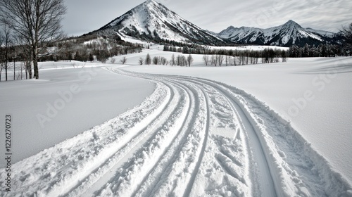 A snowy landscape with tire tracks leading toward a mountain range under a cloudy sky.