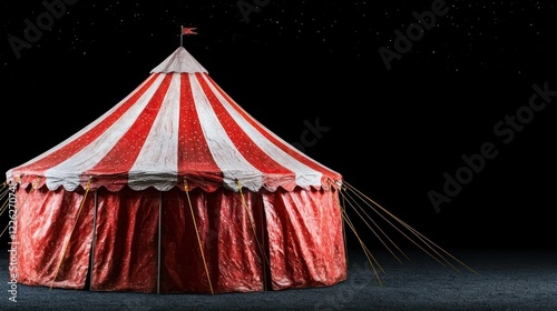 A classic red and white striped circus tent set against a dark background.