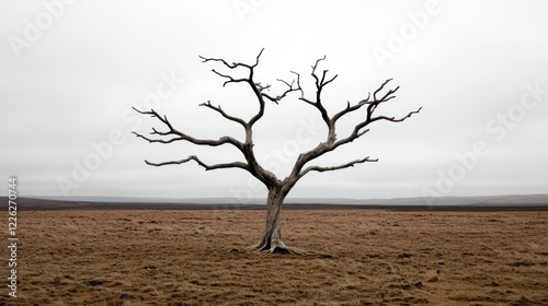 A solitary, leafless tree stands against a gray, overcast sky on a barren landscape.