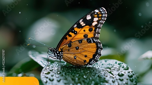 A vibrant butterfly perched on a leaf, glistening with raindrops in a lush environment.
