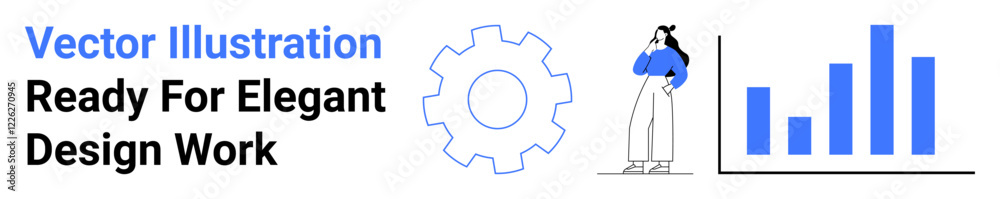 Female figure observing a bar chart representing business performance, paired with a gear symbol for innovation. Ideal for analytics, teamwork, project management, design, process improvement Female figure observing a bar chart representing business performance, paired with a gear symbol for innovation. Ideal for analytics, teamwork, project management, design, process improvement