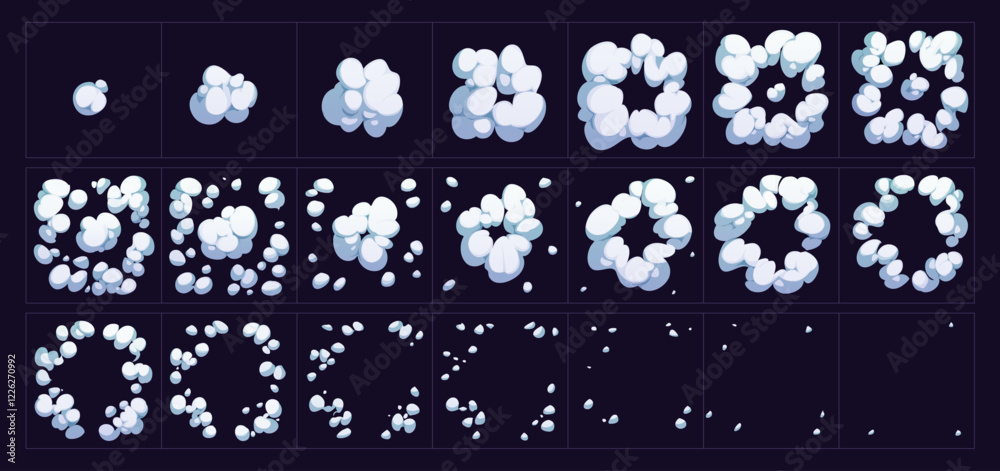 Smoke cloud explosion game sprite. Cartoon animate steam, bomb explosion with white smoke clouds, steam and dust puff motion sequence. Animated comic boom blast 2d video and mobile game sprite sheet