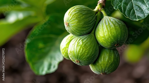 A close-up of green figs growing on a branch surrounded by leaves.