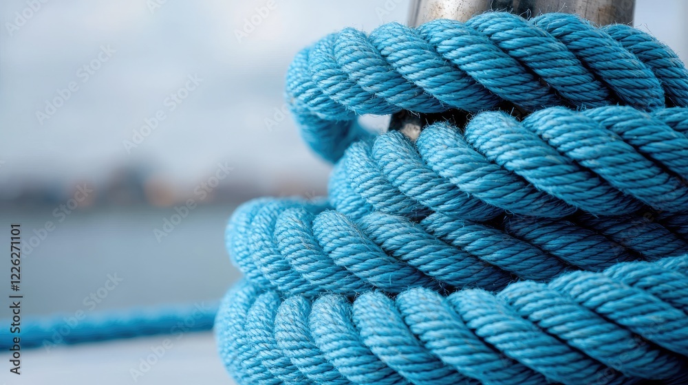 Blue rope tied to a metal post, harbor background, nautical theme, website banner