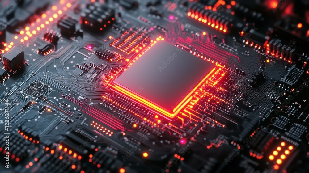 Close-Up of a Circuit Board with Glowing Neon Lights in Vibrant Colors and Intricate Details Close-Up of a Circuit Board with Glowing Neon Lights in Vibrant Colors and Intricate Details