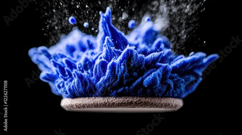 A vibrant blue explosion of powder against a dark background, showcasing texture and motion.