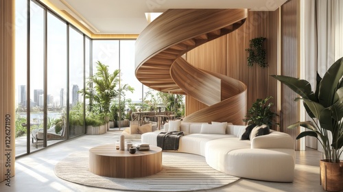 A Modern, Sunlit Living Room Features A Stunning Wooden Spiral Staircase, A Curved White Couch, And Lush Tropical Plants, Offering A Tranquil And Luxurious Atmosphere.