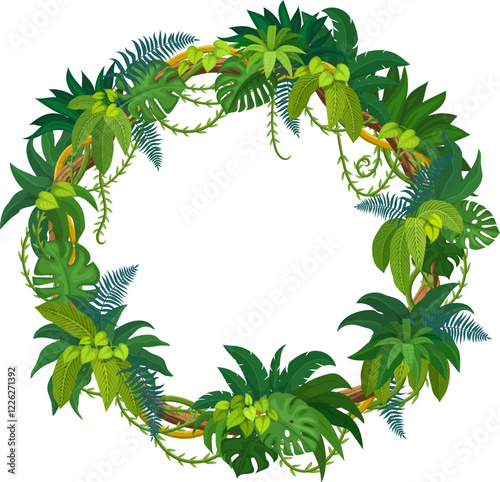 Tropical jungle frames, rain forest liana branches and leaves. Tropical forest shrub twig design element. Jungle liana or ivy branches isolated vector circle frame or creeper plant floral border