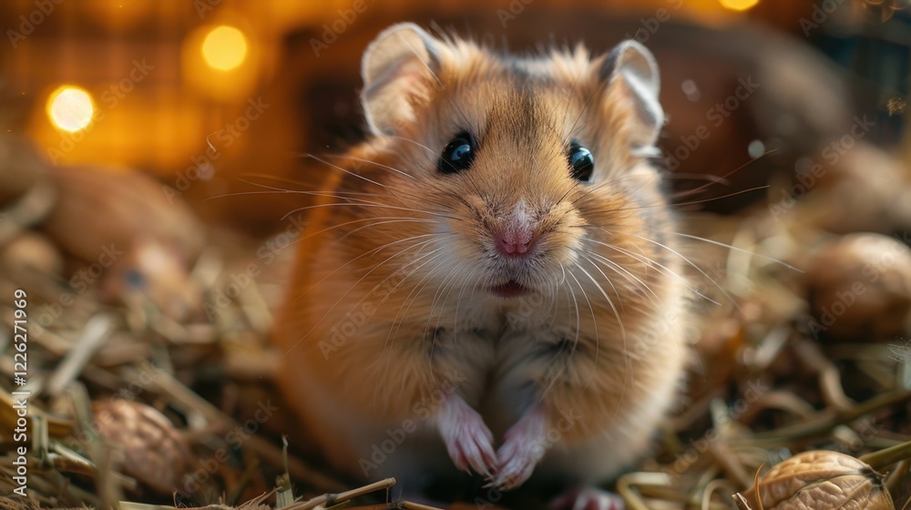 There is a hamster that is sitting on some hay, animal background There is a hamster that is sitting on some hay, animal background